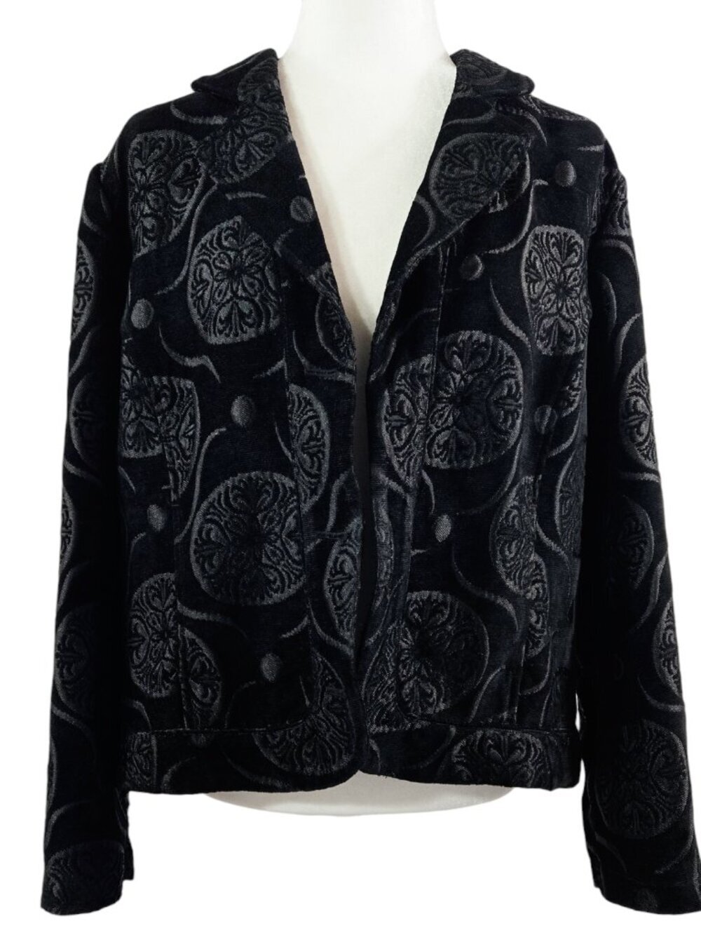 Vintage Chico's Black Circular Tapestry Open Front Jacket